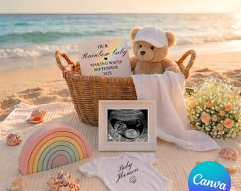 Our Rainbow Baby Pregnancy Announcement Template Coastal Canva Beach Baby Reveal