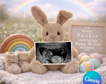Our Easter Rainbow Easy Pregnancy Announcement Template Bunny Canva Ultrasound Baby Reveal