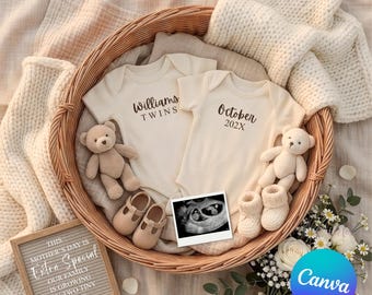 Modelo fácil de anúncio de gravidez de gêmeos para o Dia das Mães, editável no Canva, para revelar a gravidez de gêmeos com ultrassom neutro.