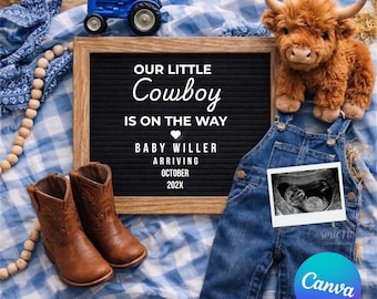 Modèle pour faire-part de grossesse cow-boy Vache des Highlands pour bébé garçon Toile western modifiable