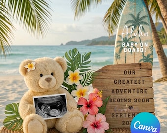 Aloha Baby Coastal Pregnancy Announcement Template Surfboard Hawaii Canva Reveal