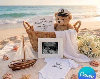 Our Grand Finale Pregnancy Announcement Template Canva Coastal Beach Baby Reveal