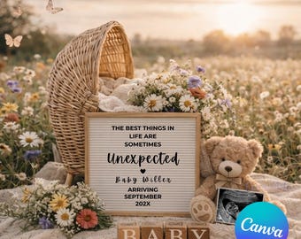 Modèle de faire-part de grossesse inattendue pour bébé Canva Wildflower Golden Hour Baby Reveal