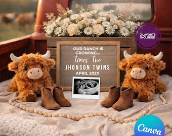 Modèle d'annonce de grossesse pour jumeaux Western Canva modifiable Ranch Baby Reveal échographie