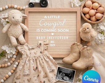 Modèle facile de faire-part de grossesse cow-girl, bébé de la ferme avec poulet, mouton, toile modifiable