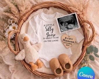 A Silly Goose Is On The Way Pregnancy Announcement Template Canva Neutral Baby Reveal