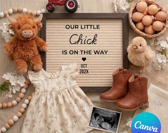 Modèle western pour faire-part de grossesse, bébé poussin, vache des Highlands, toile modifiable