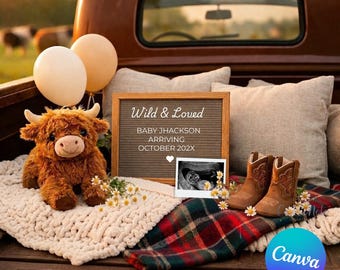 Modèle western pour faire-part de grossesse, vache Highland, camion vintage neutre, toile modifiable
