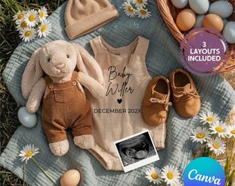 Faire-part de grossesse de Pâques, bébé garçon, fleurs sauvages, échographie modifiable sur toile