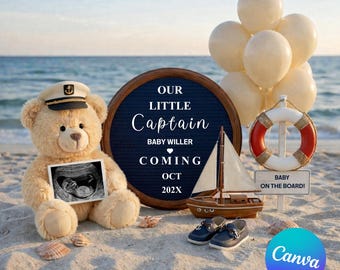 Neutral Pregnancy Announcement Template Our Little Captain Coming Coastal Nautical Canva Sailing Ocean Reveal