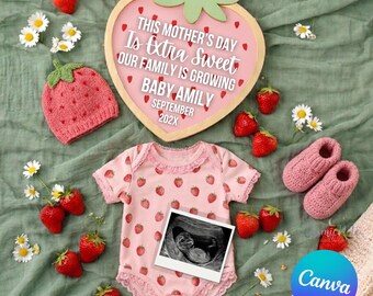 Ten Dzień Matki jest wyjątkowo słodki – szablon ogłoszenia o ciąży Canva Truskawkowe ogłoszenie o narodzinach dziewczynki