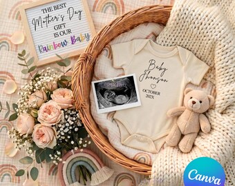 O melhor presente para o Dia das Mães é o nosso modelo de anúncio de bebê arco-íris em Canva!