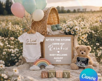 Modèle de toile modifiable pour faire-part de grossesse de bébé arc-en-ciel de genre neutre bohème