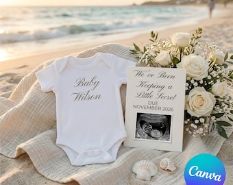 Coastal Beach Baby Announcement Digital Summer Reveal Sea Shells White Roses Boho