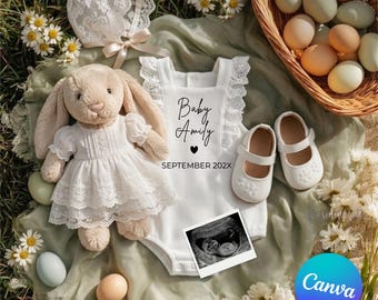 Faire-part de grossesse pour Pâques, bébé fille, lapin, fleurs sauvages, échographie modifiable sur toile