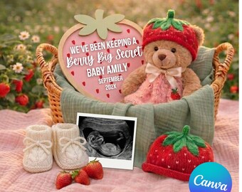 Berry Big Secret Baby Girl Pregnancy Announcement Editable Canva Template Strawberry Social Media Reveal