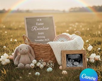 Modèle de faire-part bébé lapin de Pâques arc-en-ciel, révélation numérique printanière avec échographie et tableau à lettres