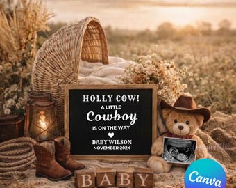 A Little Cowboy Is On The Way Pregnancy Announcement Template Canva Western Moses basket Baby Reveal
