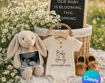 Annonce de grossesse printanière Modèle neutre d'échographie modifiable sur toile, bébé lapin, marguerite