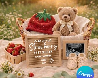 Modèle pour faire-part de grossesse bohème aux fraises, fleurs sauvages et fleurs sauvages pour bébé