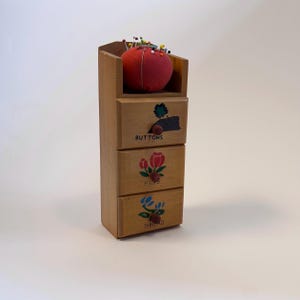 Vintage Wall Mounted Sewing Organiser, 1950s Wooden Pin Cushion Drawers