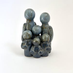 Signed Studio Pottery Family of Six Sculpture – Blue Grey Ceramic Family Ornament