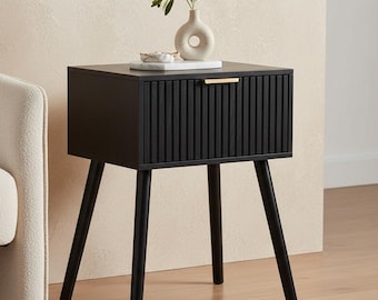 Black Fluted Wooden Nightstand with Drawer, Small End Table for Bedroom or Living Room, Modern Narrow Bedside Table for Home Decor