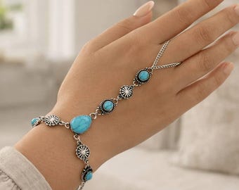 Turquoise boho-bedelarmband, vintage westernstijl, zilverkleurige zinklegering, verstelbare ketting