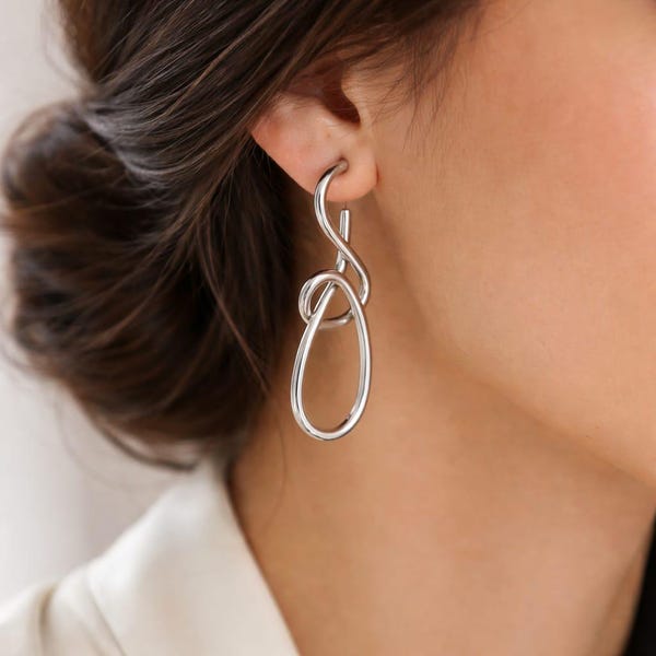 Modern Silver Knot Drop Earrings, Abstract Loop Statement, Minimalist Long Jewelry