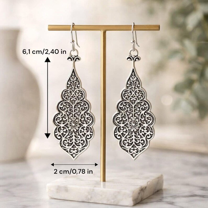 Vintage Silver Filigree Drop Earrings, Ornate Boho Dangle Statement Jewelry image 4