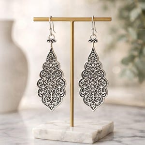 Vintage Silver Filigree Drop Earrings, Ornate Boho Dangle Statement Jewelry image 2