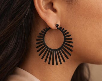 Black Sunburst Hoop Earrings: Lightweight Geometric Statement Boho Jewelry