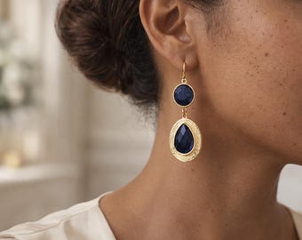 Blauwe druppelvormige gouden oorbellen, elegante marineblauwe kristallen oorbellen, vintage stijl statement sieraden cadeau