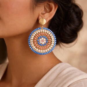 Blue Beaded Statement Earrings, Round Crystal Drop Earrings, Boho Chic Circle Dangle Jewelry