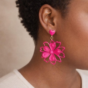 Heart Flower Drop Earrings, Romantic Statement Iron Jewelry, Large Floral Dangle