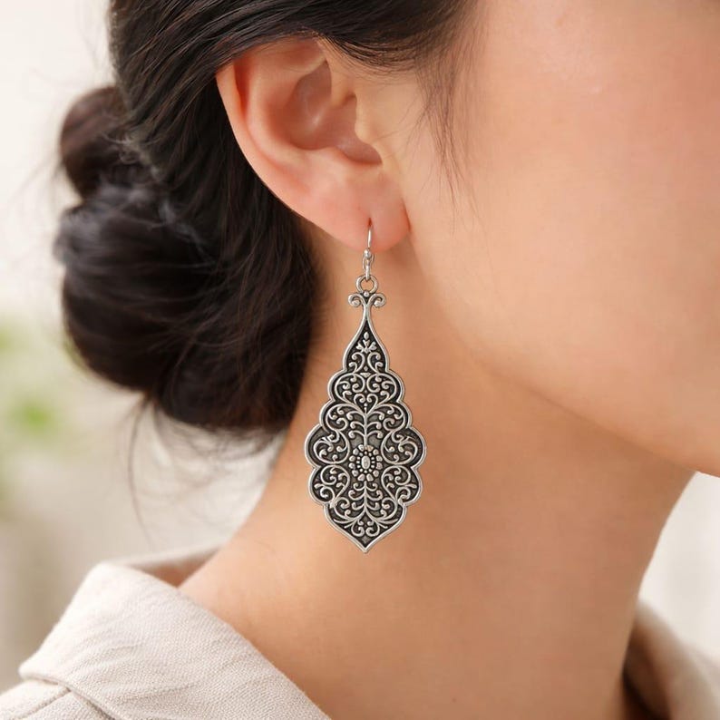 Vintage Silver Filigree Drop Earrings, Ornate Boho Dangle Statement Jewelry image 3