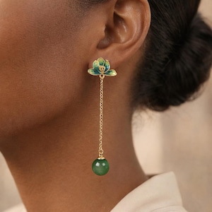Green Enamel Flower Drop Earrings, Gold Chain, Synthetic Pearl Bead