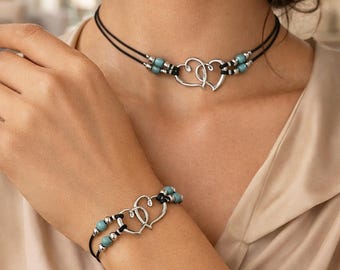 Hartvormige ketting en armband set van zinklegering – kralenontwerp