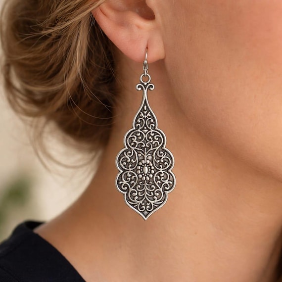 Vintage Silver Filigree Drop Earrings, Ornate Boho Dangle Statement Jewelry