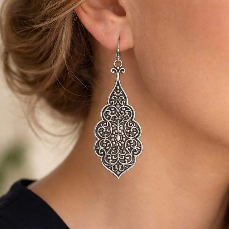 Vintage Silver Filigree Drop Earrings, Ornate Boho Dangle Statement Jewelry image 1