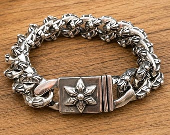CH Gothic Silver Floral Chain Bracelet for Men And Women , Heavy Chunky Biker Bracelet, Punk Rock Statement Jewelry, Luxury Bracelet Gift