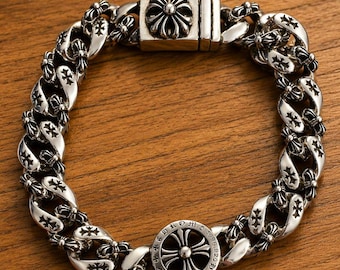 CH Cross Silver Chain Bracelet for Men and Women, Gothic Chunky Biker Bracelet, Punk Rock Statement Jewelry, Luxury Streetwear Gift