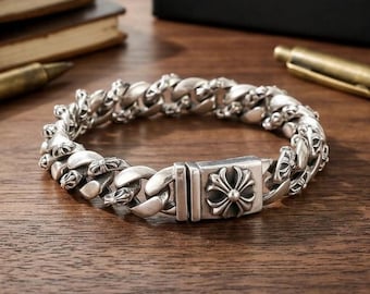 CH Sterling Silver Gothic Chain Bracelet 925 – Punk Vintage Link Bracelet, Unisex Biker Jewelry Gift