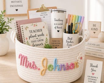 Personalized Teachers appreciation basket| Cotton rope gift basket| Custom Name thankyou gift for teachers| End of the year teachers gift