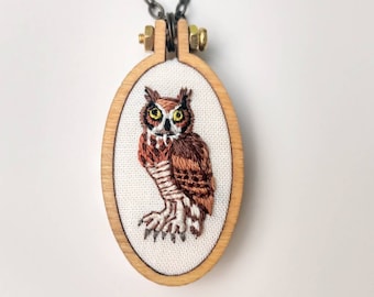 Great Horned Owl Embroidered Necklace