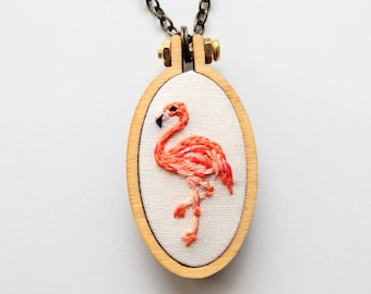 Pink Flamingo Embroidered Necklace