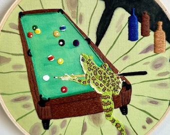 Frog Billiards at the Pond Hand Embroidery