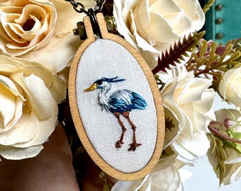 Great Blue Heron Embroidery Necklace