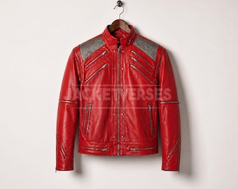 Michael Jackson Beat It Jacket - Kultiges rotes Biker-Lederkostüm für Herren | Konzert Style MJ Tribute Mantel