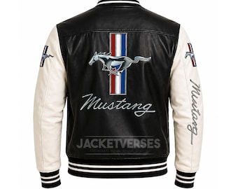 Handgemaakt leren Ford Mustang-jack – Racing Varsity-bomberjack voor heren met geborduurd logo